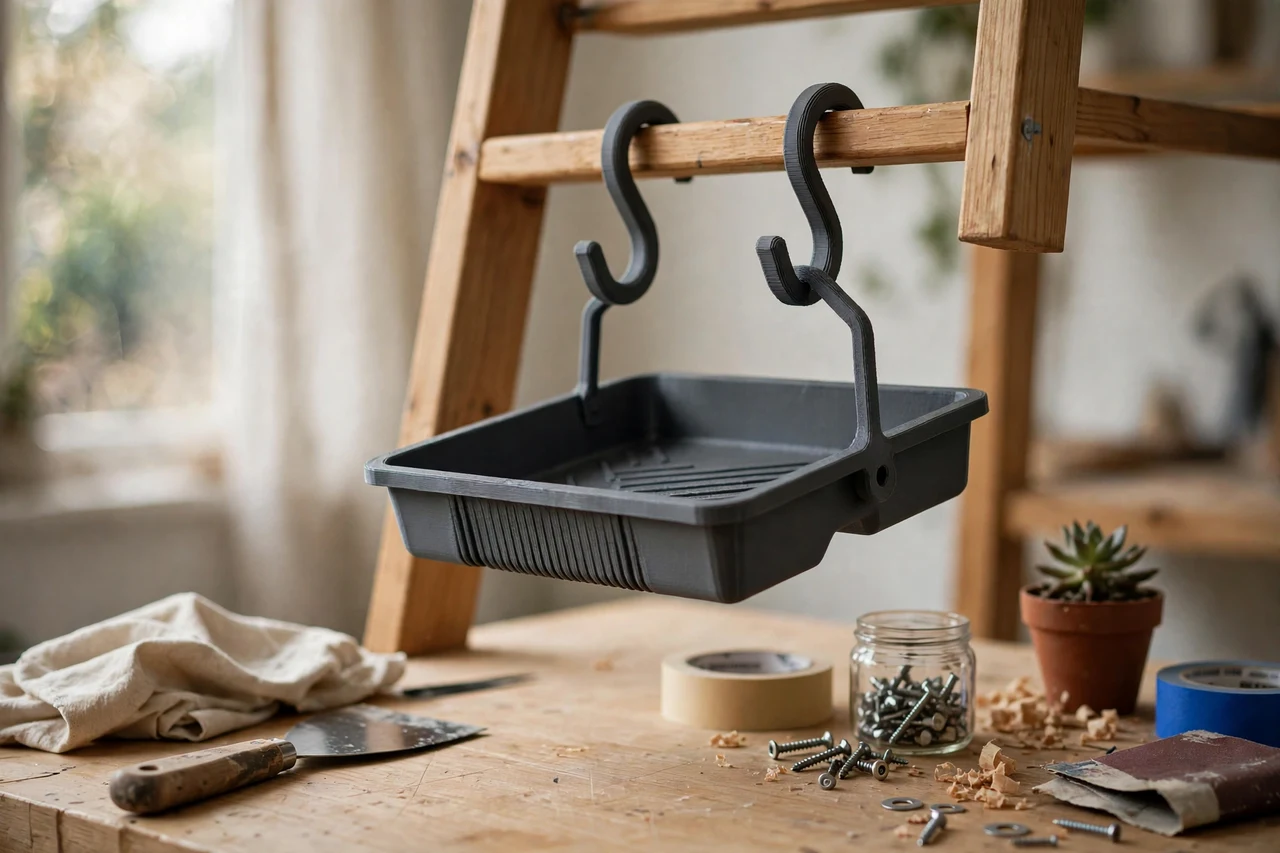 Home workshop scene on a light oak workbench, a matte charcoal-gray 3D printed paint roller tray hooks holding a paint roller tray hung from a ladder or shelf, soft natural window light, shallow depth of field