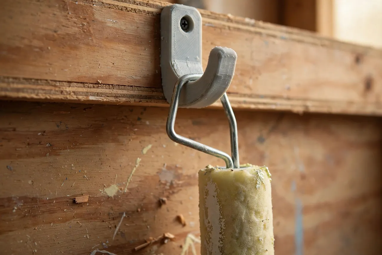 Close-up of a 3D printed wall hook holding a paint roller frame by its handle, the roller sleeve hanging vertically below