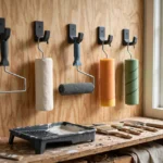 A bright home workshop wall with paint roller frames and roller sleeves hanging from matte charcoal-gray 3D printed wall hooks on a plywood panel