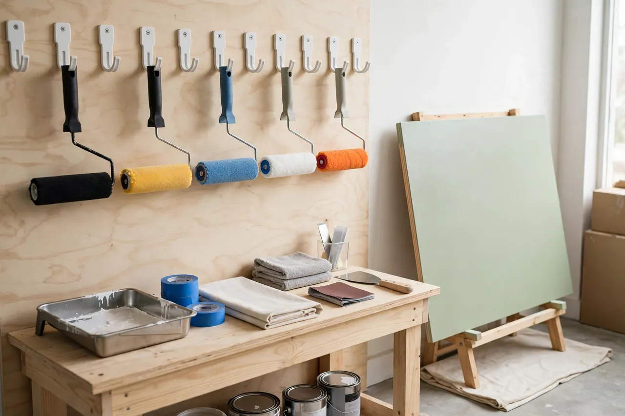 A tidy workshop corner with a row of roller frames and sleeves on printed hooks above a bench, a freshly painted board drying nearby, bright and clean