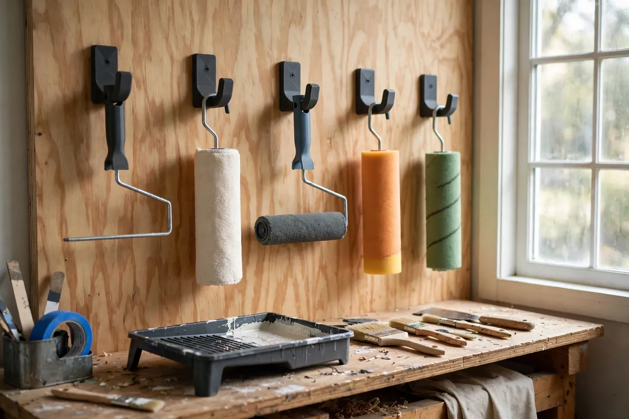 A bright home workshop wall with paint roller frames and roller sleeves hanging from matte charcoal-gray 3D printed wall hooks on a plywood panel