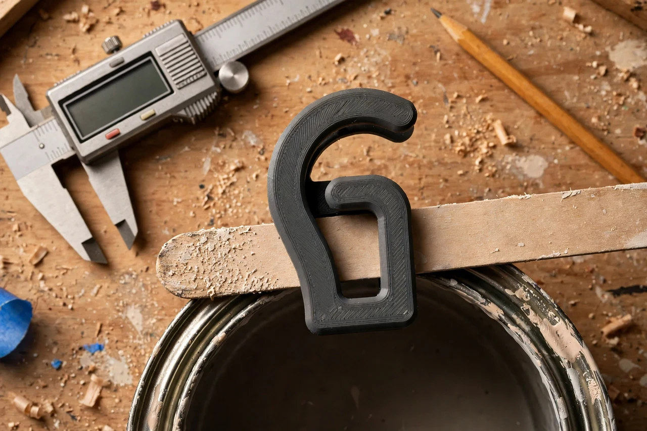 Close-up top-down view of a matte charcoal-gray 3D printed paint stirrer holder clip being test-fitted against a paint stir stick resting on a can rim on a workbench, calipers and a pencil nearby, warm workshop lighting