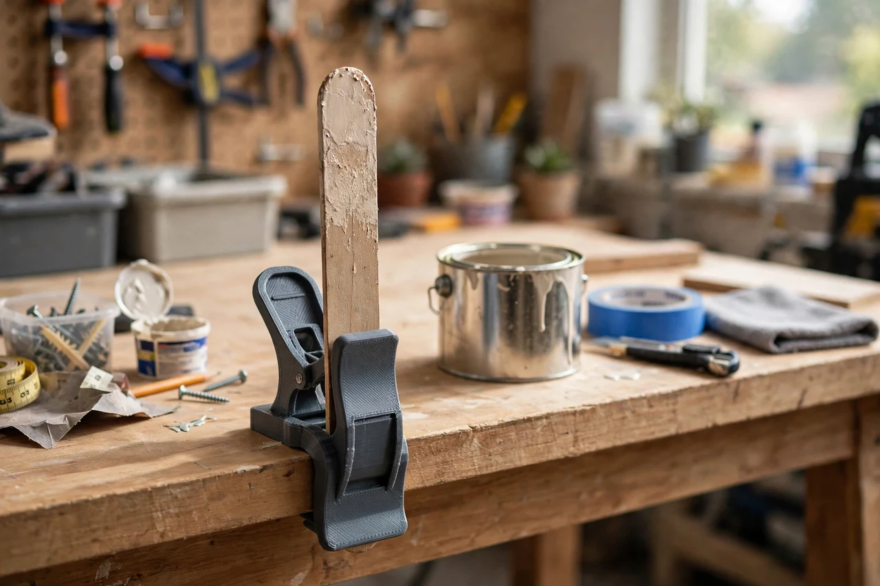 View of the finished 3D printed paint stirrer holder clip in use on a home repair project on a workbench, tidy workshop background in soft focus, bright natural light