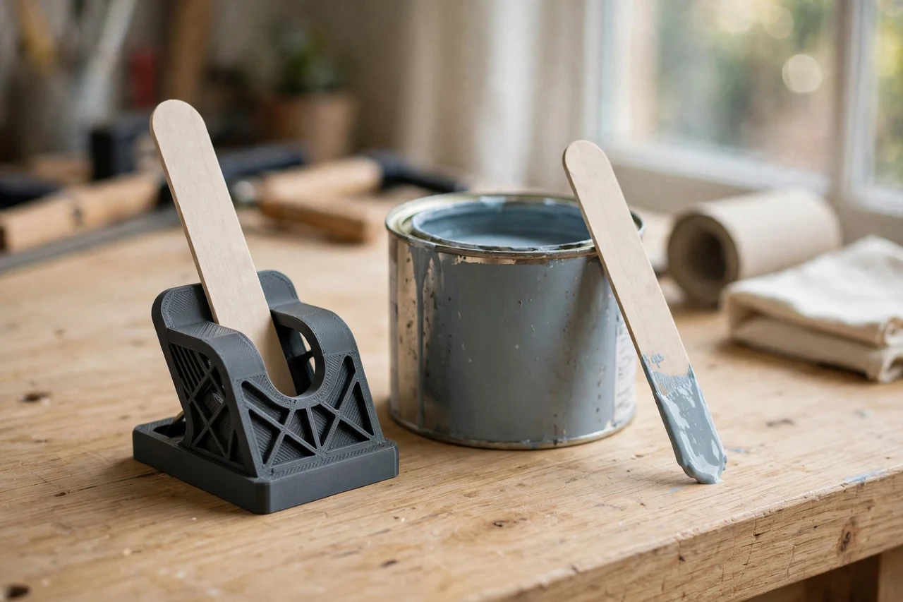 Home workshop scene on a light oak workbench, a matte charcoal-gray 3D printed paint stirrer holder clip beside a paint can and a stir stick, soft natural window light, shallow depth of field