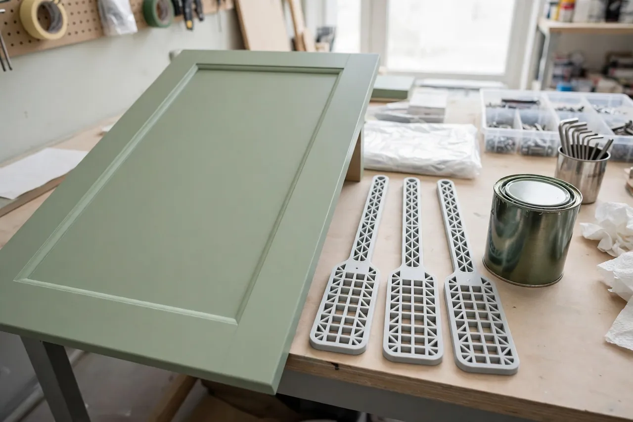 A finished freshly painted wooden cabinet door in a smooth even color resting beside cleaned 3D printed stirring paddles and a sealed paint can