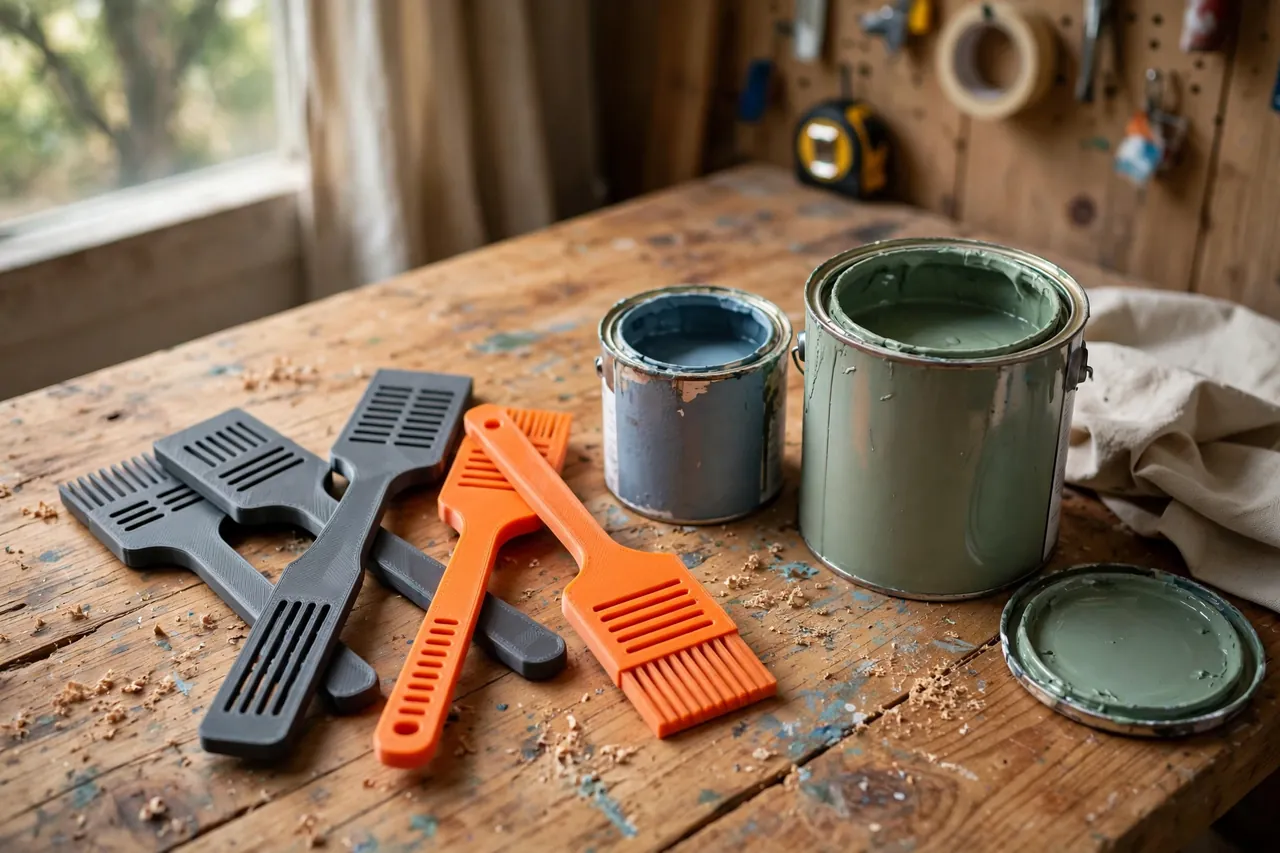 A bright home workshop scene on a warm wooden workbench