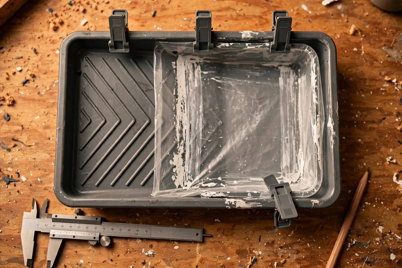 Close-up top-down view of a matte charcoal-gray 3D printed paint tray liner clips being test-fitted against a paint tray and its liner on a workbench, calipers and a pencil nearby, warm workshop lighting