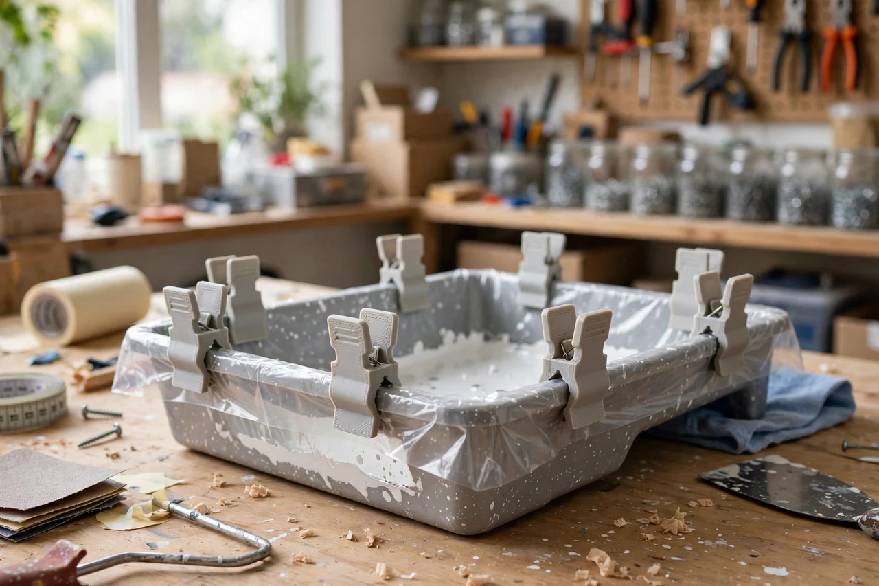View of the finished 3D printed paint tray liner clips in use on a home improvement project on a workbench, tidy workshop background in soft focus, bright natural light