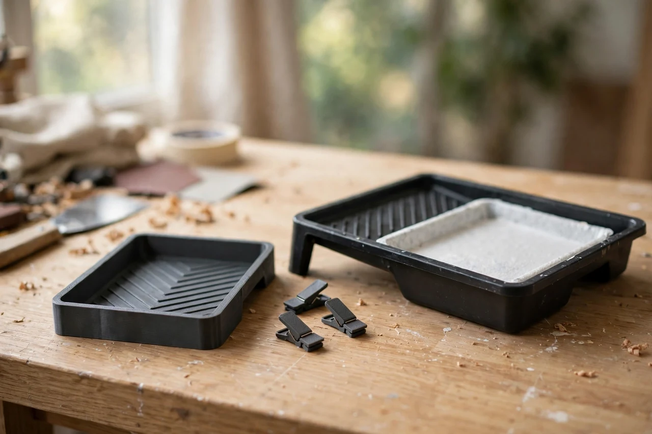 Home workshop scene on a light oak workbench, a matte charcoal-gray 3D printed paint tray liner clips beside a paint tray and liner, soft natural window light, shallow depth of field