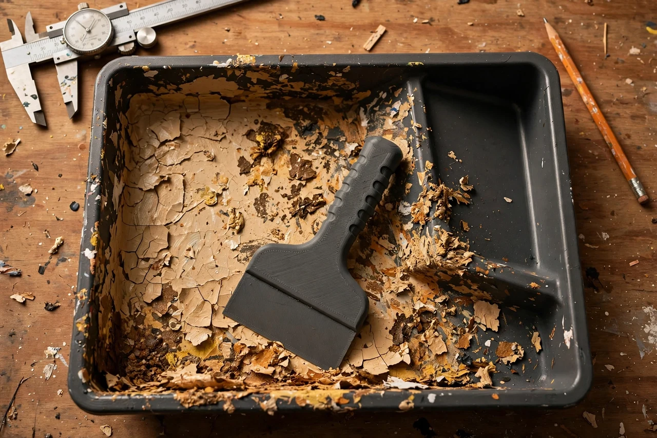 Close-up top-down view of a matte charcoal-gray 3D printed paint tray scraper tool being test-fitted against dried paint left in a roller tray on a workbench, calipers and a pencil nearby, warm workshop lighting