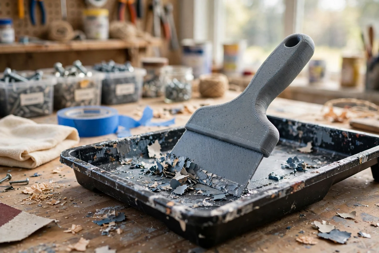 View of the finished 3D printed paint tray scraper tool in use on a home repair project on a workbench, tidy workshop background in soft focus, bright natural light