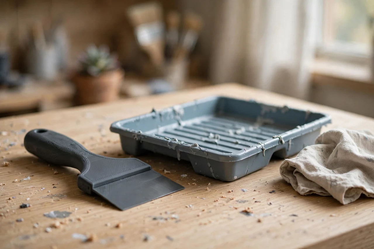 Home workshop scene on a light oak workbench, a matte charcoal-gray 3D printed paint tray scraper tool beside a roller tray and a cleaning rag, soft natural window light, shallow depth of field