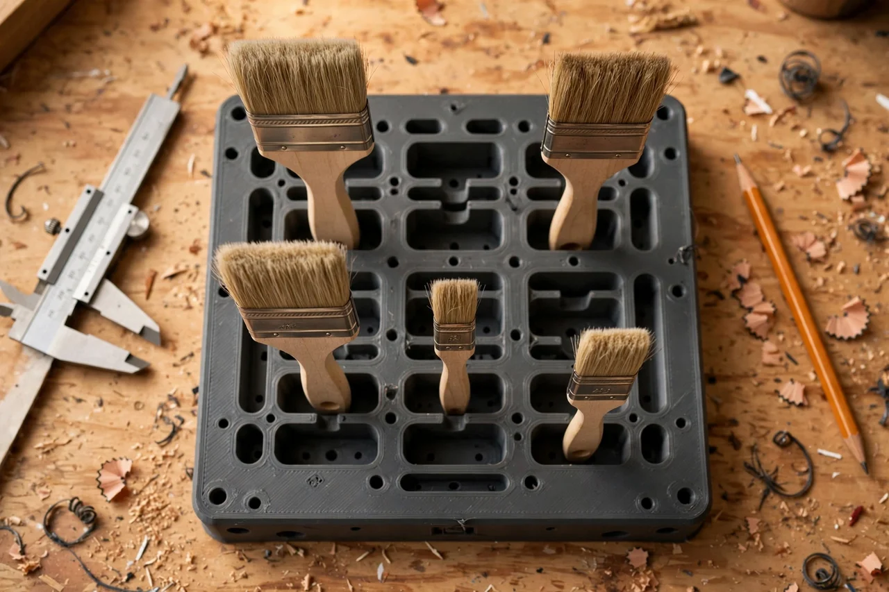 Close-up top-down view of a matte charcoal-gray 3D printed paintbrush drying rack being test-fitted with paintbrushes on a workbench, calipers and a pencil nearby, warm workshop lighting
