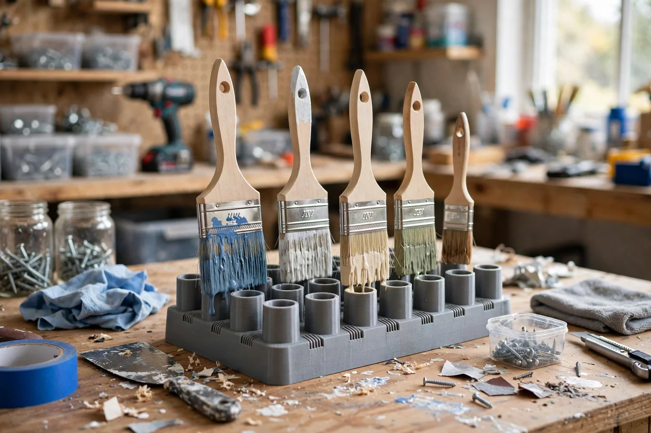 View of the finished 3D printed paintbrush drying rack in use during a home repair tidy-up on a workbench, tidy workshop background in soft focus, bright natural light