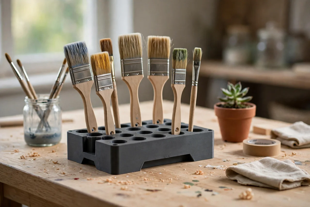 Home workshop scene on a light oak workbench, a matte charcoal-gray 3D printed paintbrush drying rack holding paintbrushes, soft natural window light, shallow depth of field