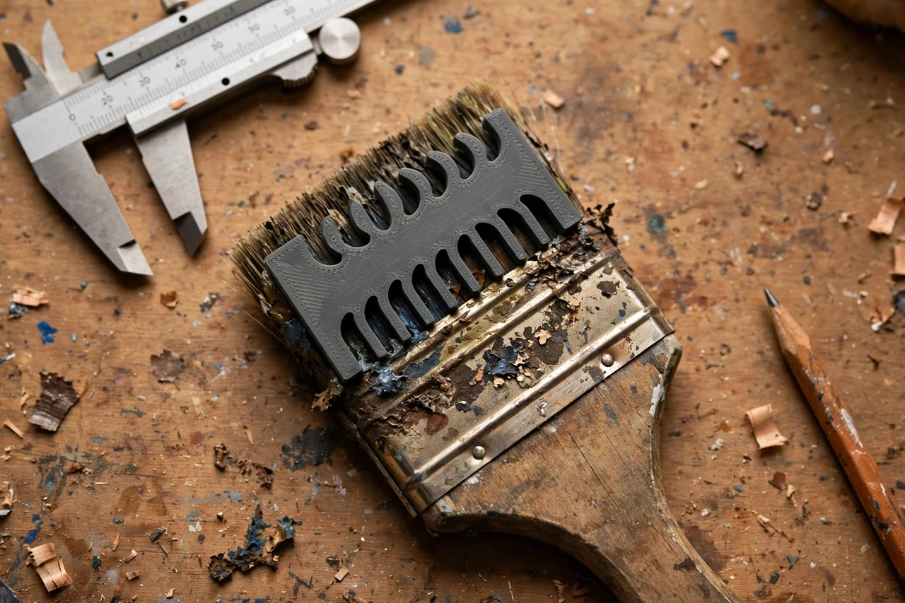 Close-up top-down view of a matte charcoal-gray 3D printed paintbrush ferrule cleaning comb being test-fitted against a paintbrush with dried paint packed around its ferrule on a workbench, calipers and a pencil nearby, warm workshop lighting
