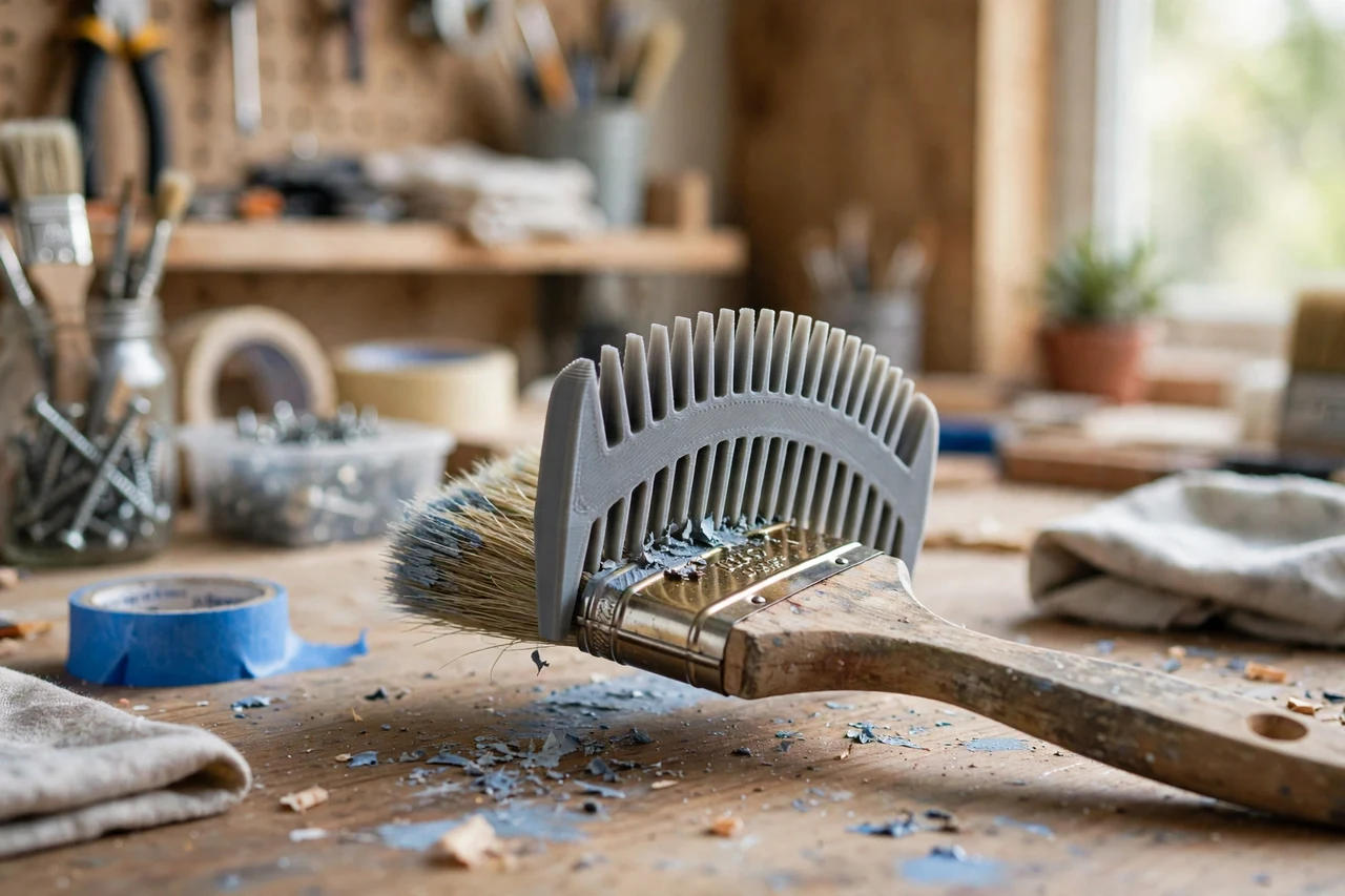 View of the finished 3D printed paintbrush ferrule cleaning comb in use on a home repair project on a workbench, tidy workshop background in soft focus, bright natural light