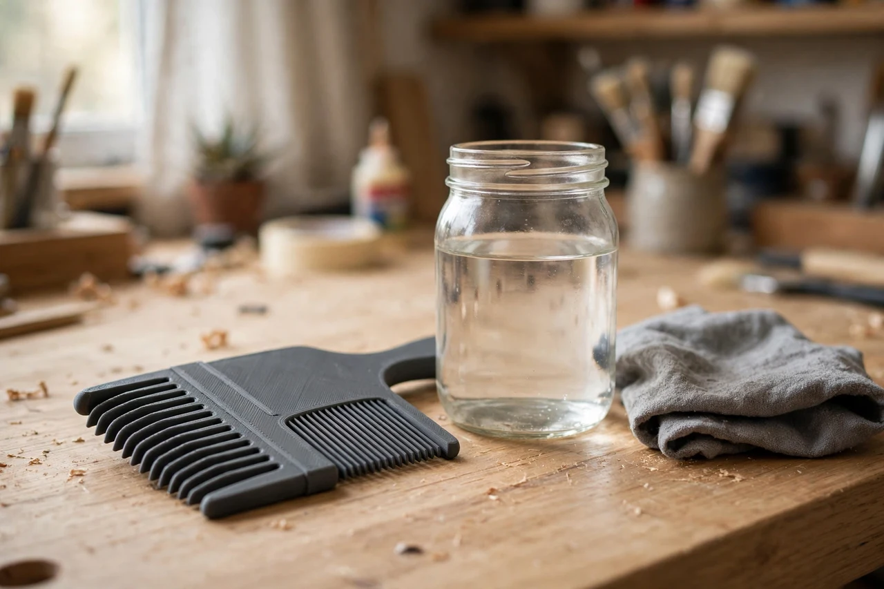 Home workshop scene on a light oak workbench, a matte charcoal-gray 3D printed paintbrush ferrule cleaning comb beside a jar of clean water and a rag, soft natural window light, shallow depth of field