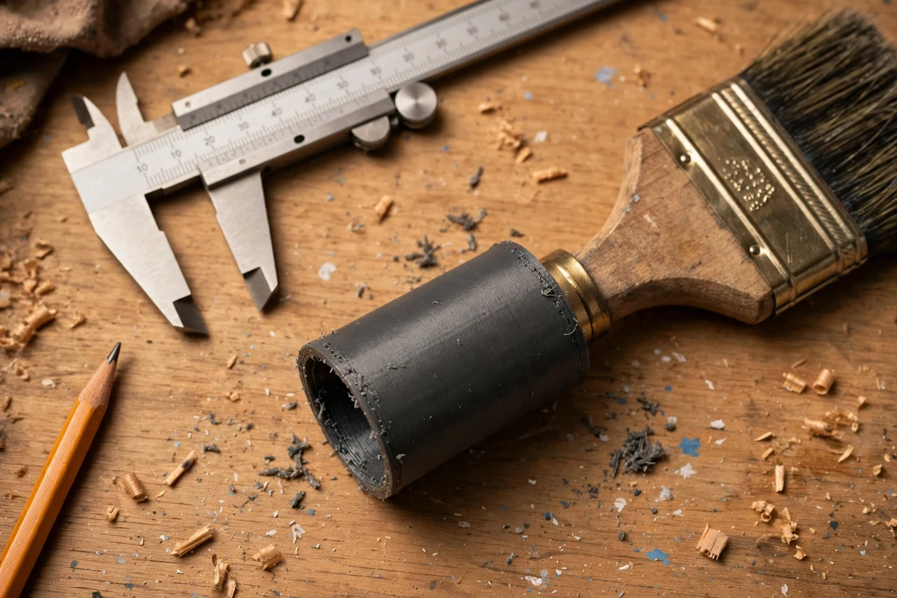 Close-up top-down view of a matte charcoal-gray 3D printed paintbrush handle extender sleeve being test-fitted against a paintbrush handle on a workbench, calipers and a pencil nearby, warm workshop lighting
