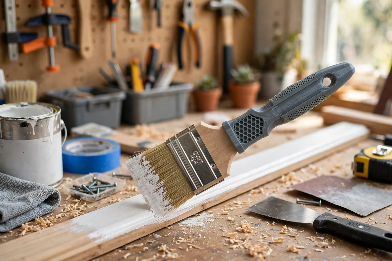 View of the finished 3D printed paintbrush handle extender sleeve in use on a home repair project on a workbench, tidy workshop background in soft focus, bright natural light