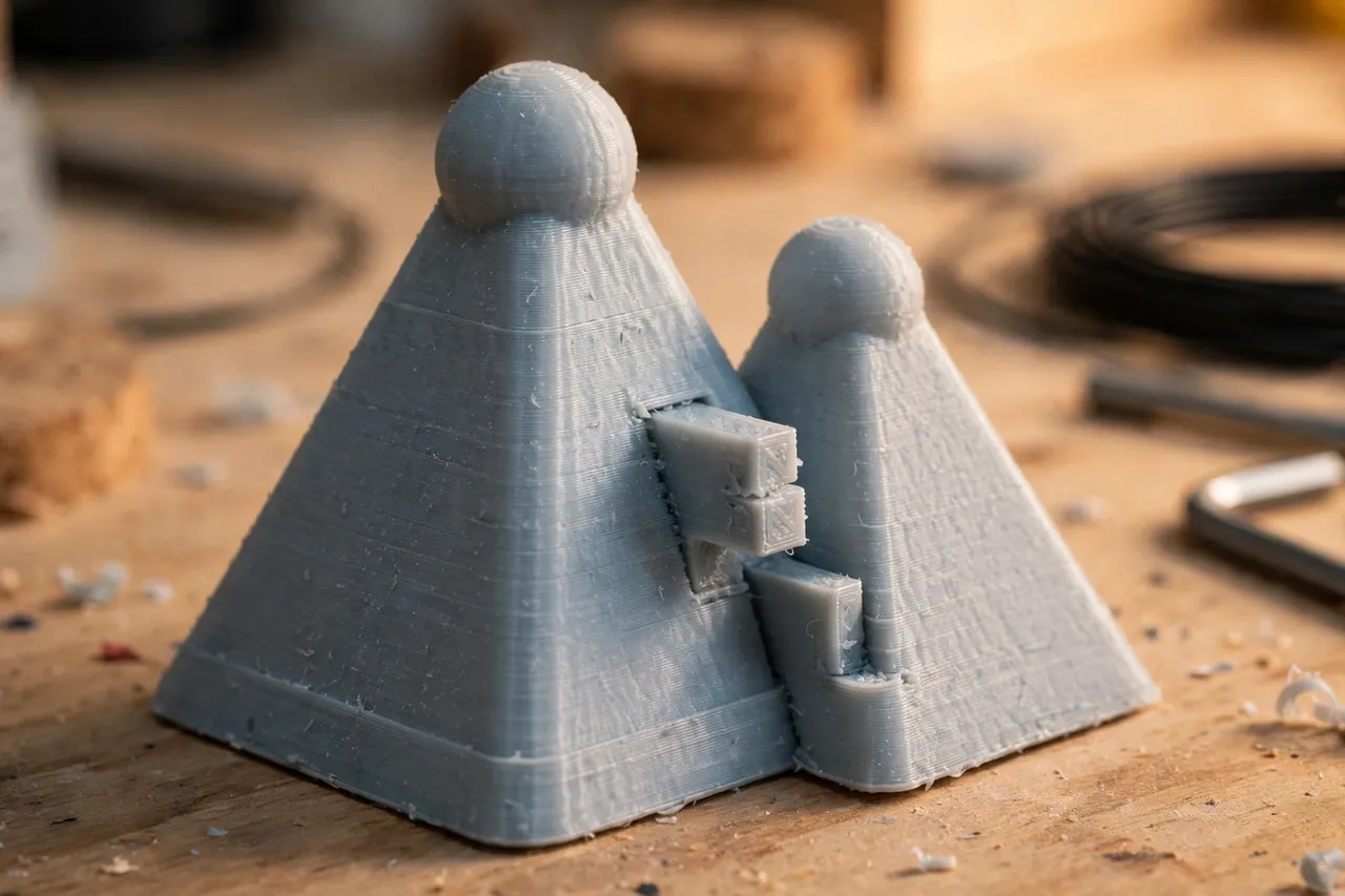 Close-up of a 3D printed painter's pyramid showing its rounded point, wide stable base and an interlocking tab on one side