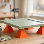 A bright home workshop scene on a light oak workbench