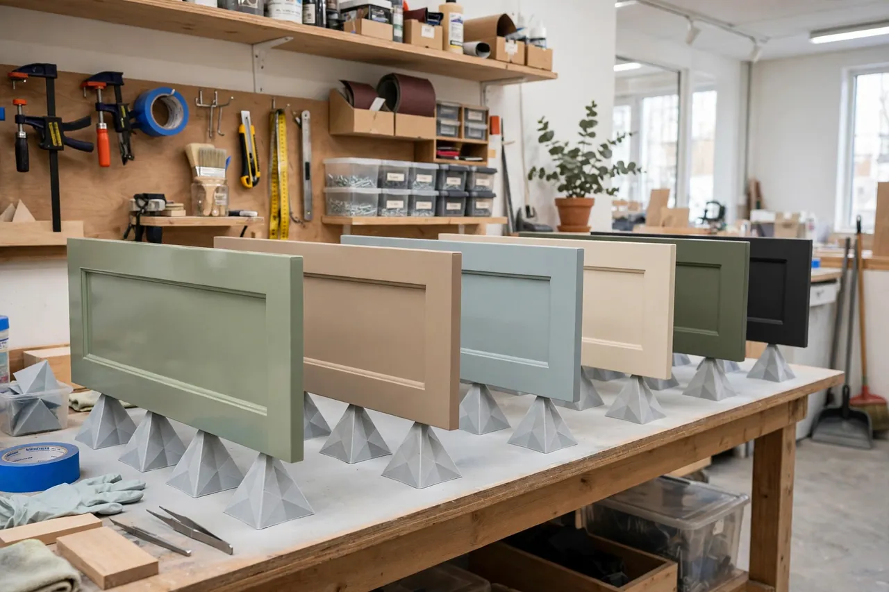 A row of painted drawer fronts drying on printed pyramids along a workbench in a bright tidy workshop, finished pieces with a smooth even sheen