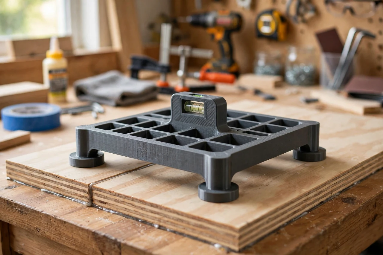 View of the finished 3D printed panel glue-up flatness gauge in use on a home repair project on a workbench, tidy workshop background in soft focus, bright natural light