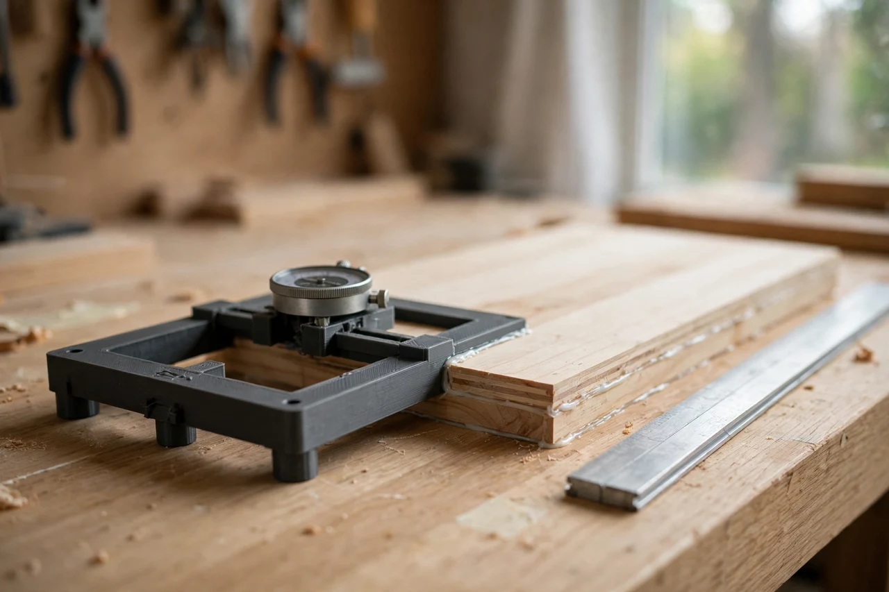 Home workshop scene on a light oak workbench, a matte charcoal-gray 3D printed panel glue-up flatness gauge beside a glued panel and a straightedge, soft natural window light, shallow depth of field