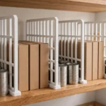 A tidy pantry shelf scene, matte white 3D printed shelf dividers standing between rows of canned goods and cereal boxes on a wooden shelf