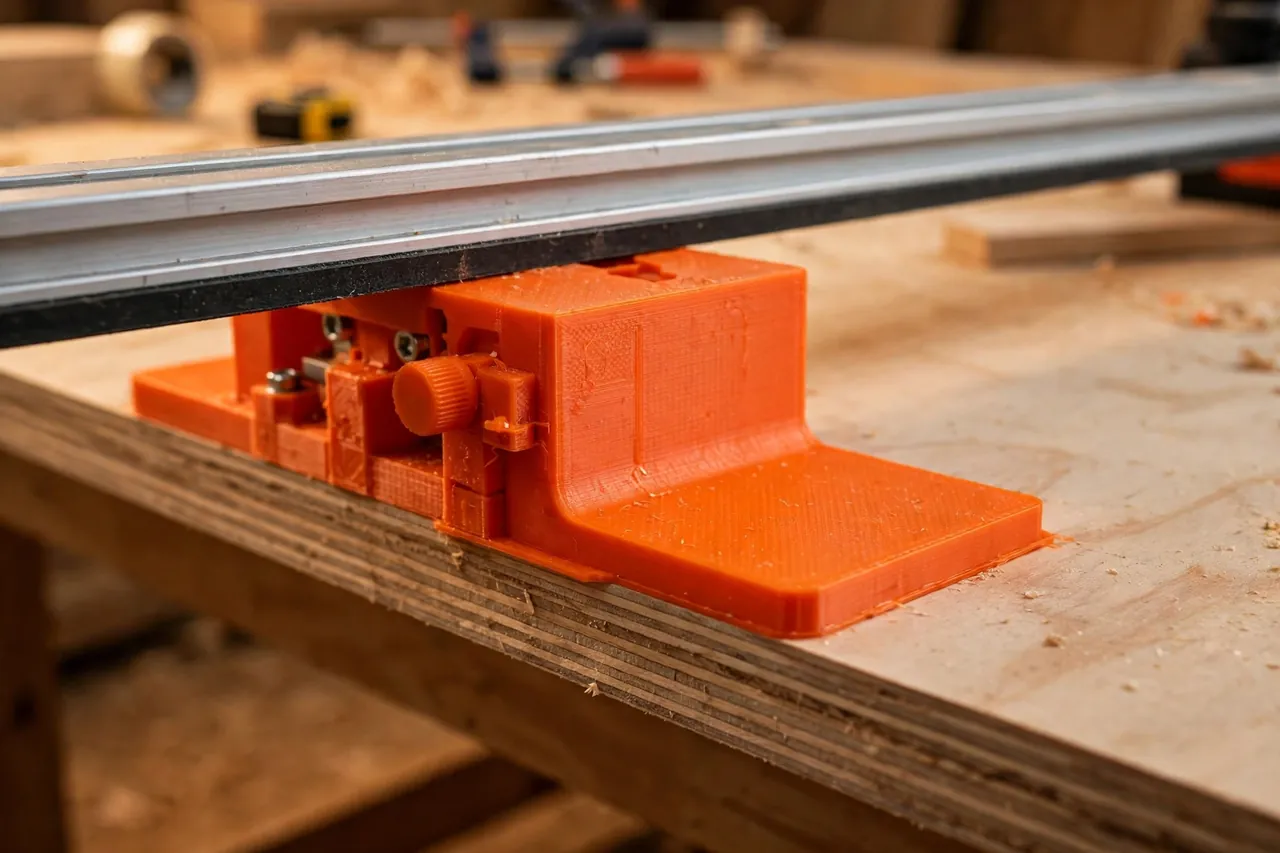 Close-up view of a bright-orange 3D printed parallel guide stop registered against the straight edge of a plywood sheet under a guide rail, its
