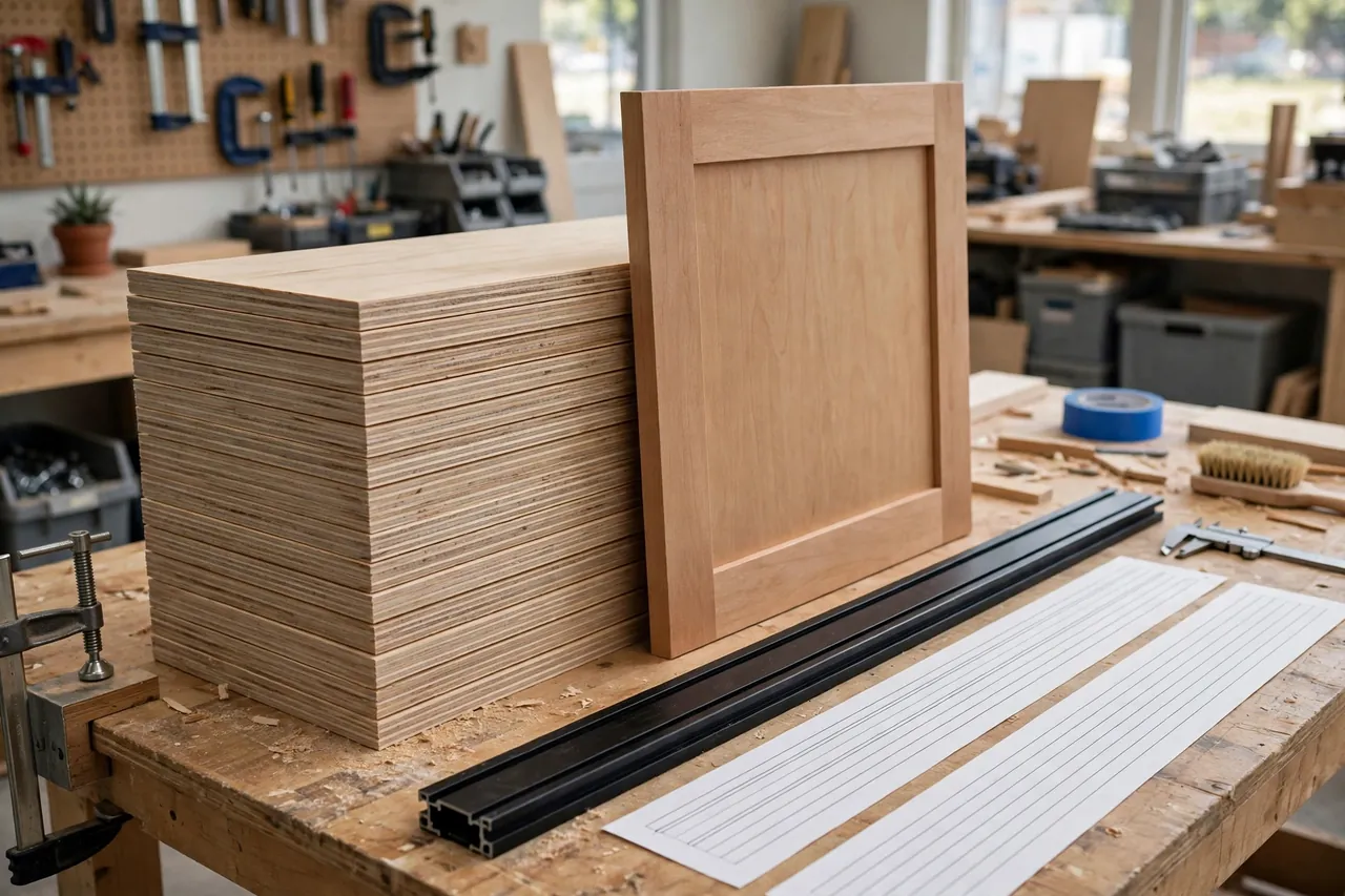A neat stack of identical plywood strips cut to the same width beside a finished cabinet panel on a workbench