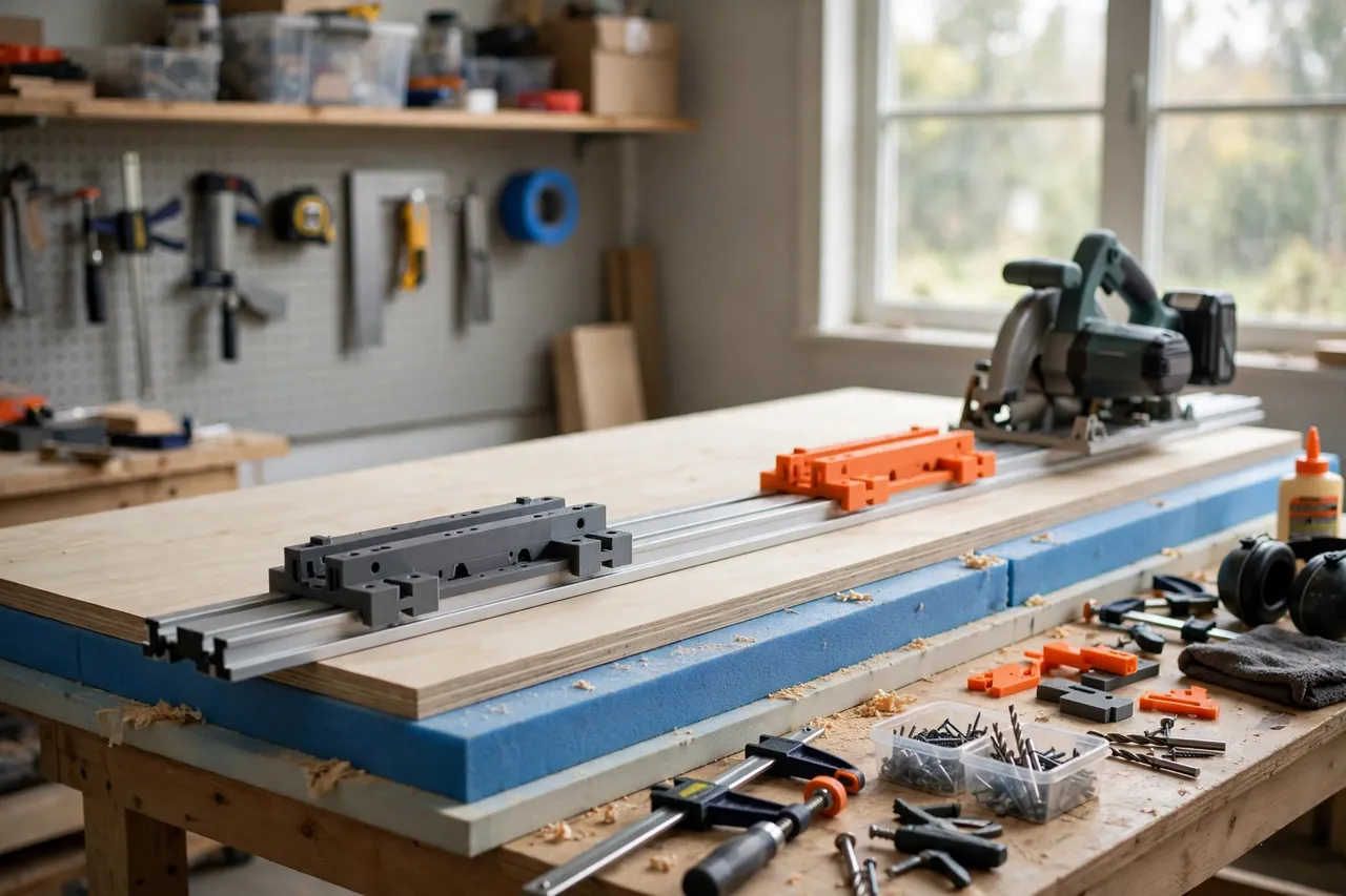 A bright home workshop scene with a long plywood sheet on foam boards over a workbench