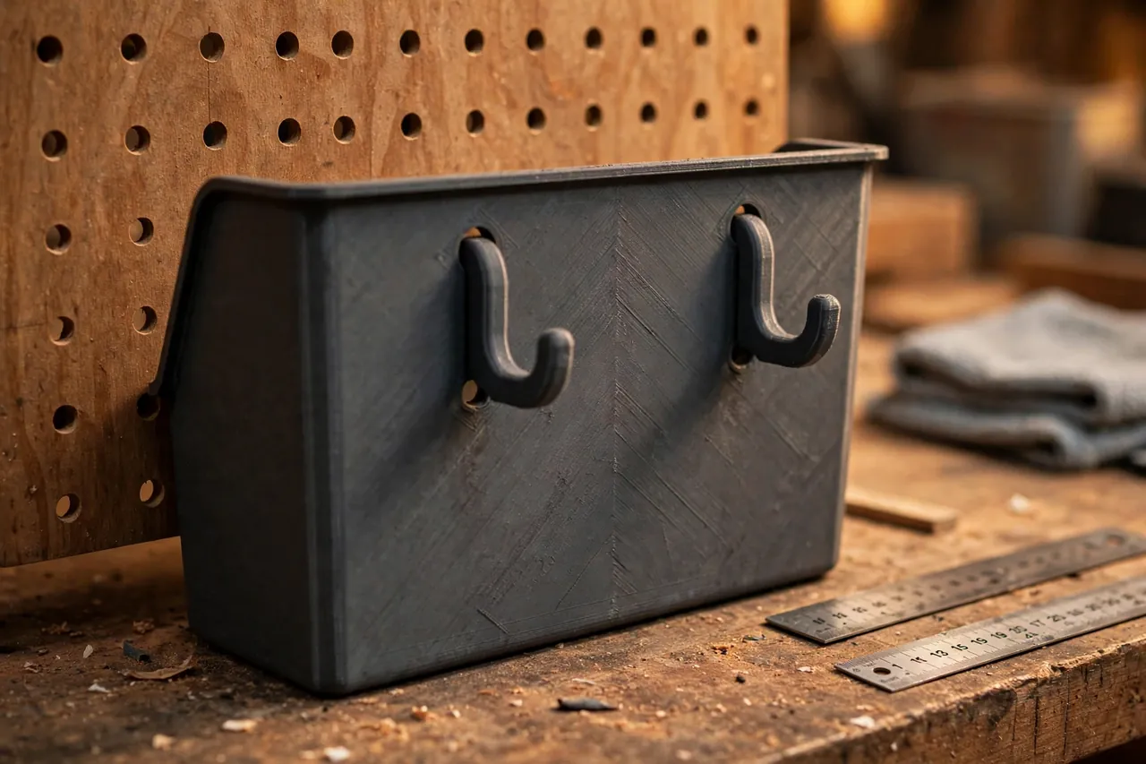 Close-up of the back of a matte charcoal-gray 3D printed pegboard bin showing its two sturdy hooks aligned with pegboard holes