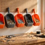 A bright home workshop scene with a row of bright-orange and matte charcoal-gray 3D printed pegboard scoop bins hanging on a pegboard panel above