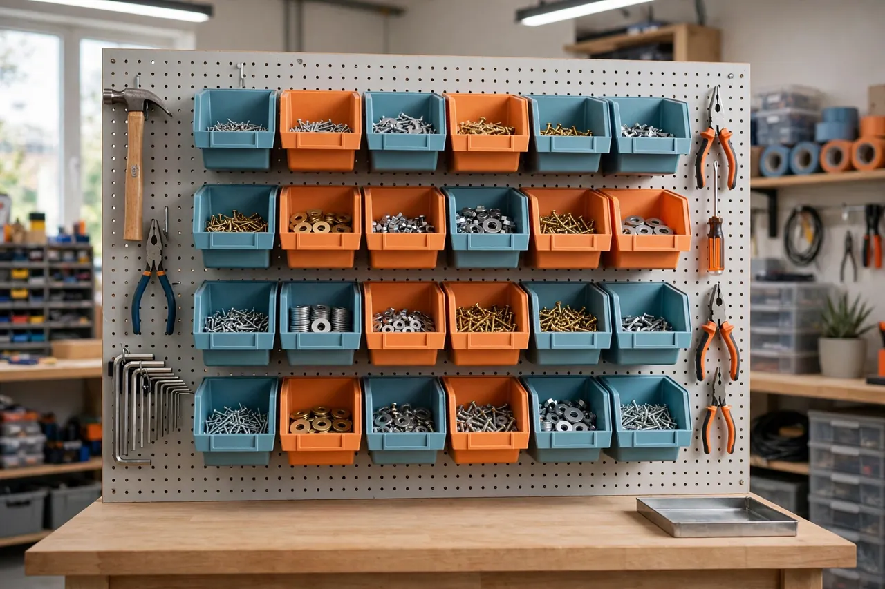A finished pegboard wall with a tidy grid of printed scoop bins in two colors holding sorted hardware above a clean workbench