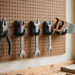 A bright home workshop wall with a brown hardboard pegboard panel