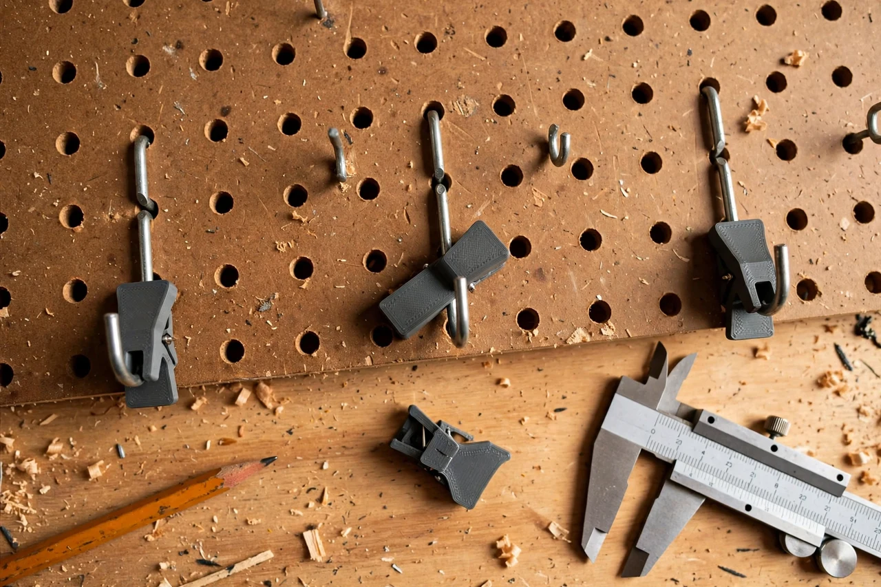 Close-up top-down view of a matte charcoal-gray 3D printed pegboard hook retainer clips being test-fitted against pegboard hooks locked so they cannot lift out on a workbench, calipers and a pencil nearby, warm workshop lighting