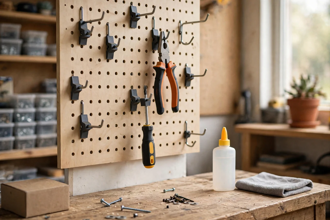 View of the finished 3D printed pegboard hook retainer clips in use on a home repair project on a workbench, tidy workshop background in soft focus, bright natural light
