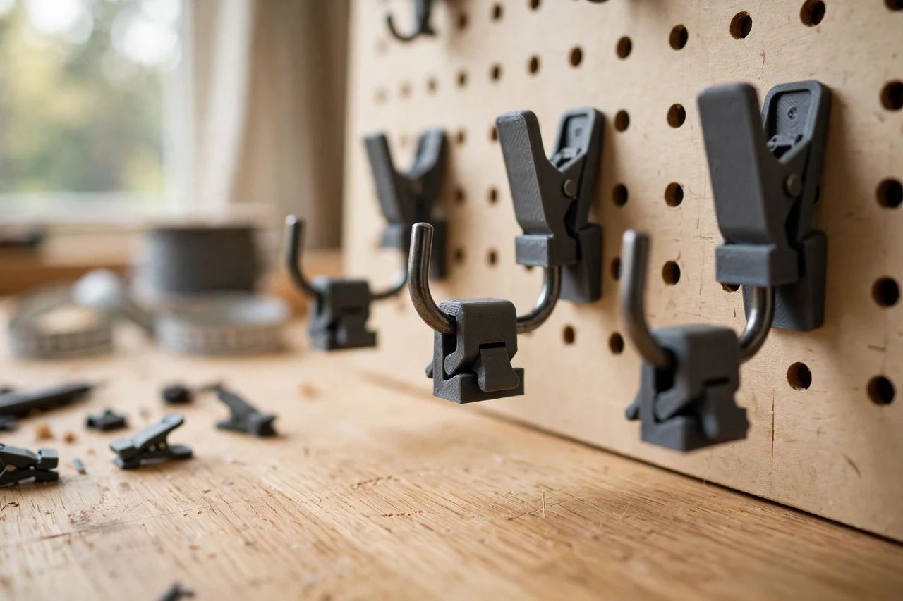 Home workshop scene on a light oak workbench, a matte charcoal-gray 3D printed pegboard hook retainer clips holding pegboard hooks locked so they cannot lift out, soft natural window light, shallow depth of field
