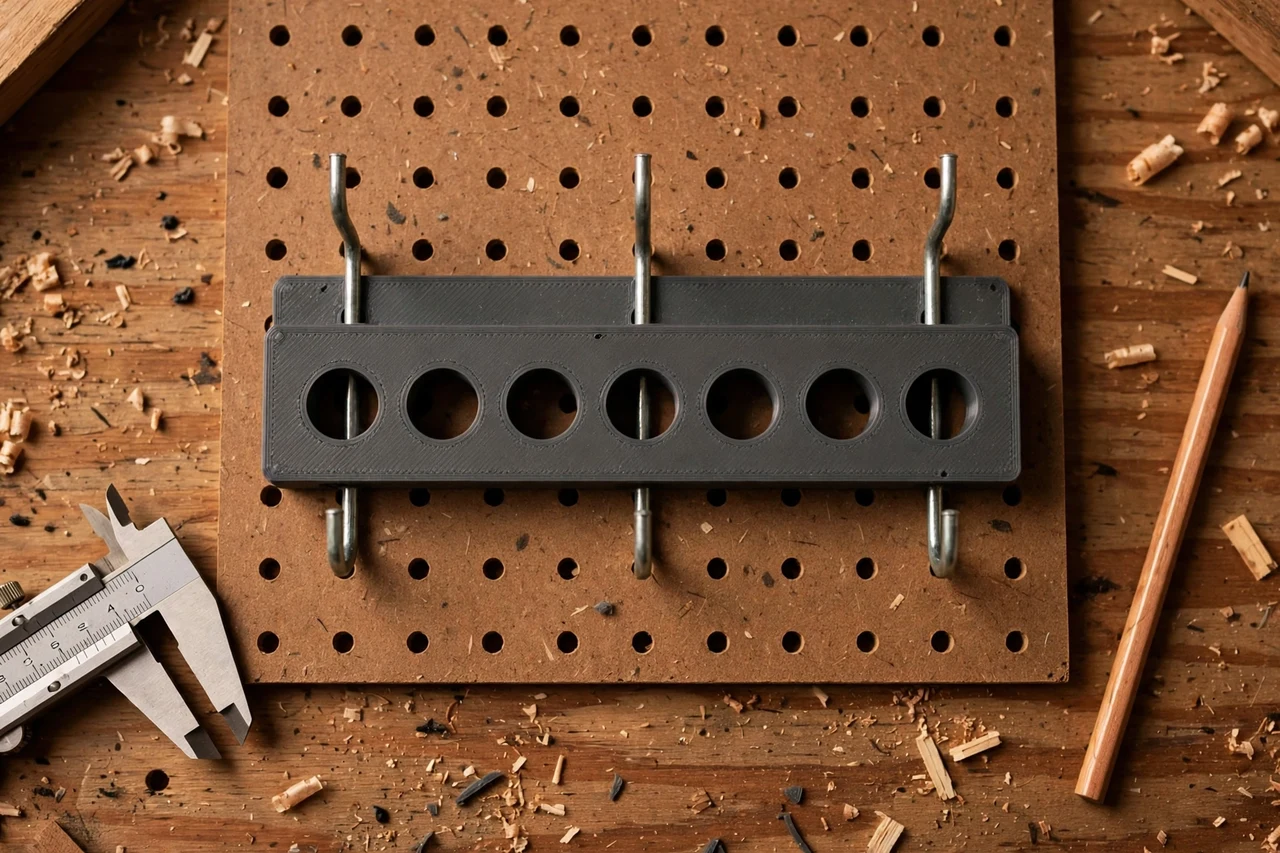 Close-up top-down view of a matte charcoal-gray 3D printed pegboard hook spacing template being test-fitted against pegboard hooks and a pegboard panel on a workbench, calipers and a pencil nearby, warm workshop lighting