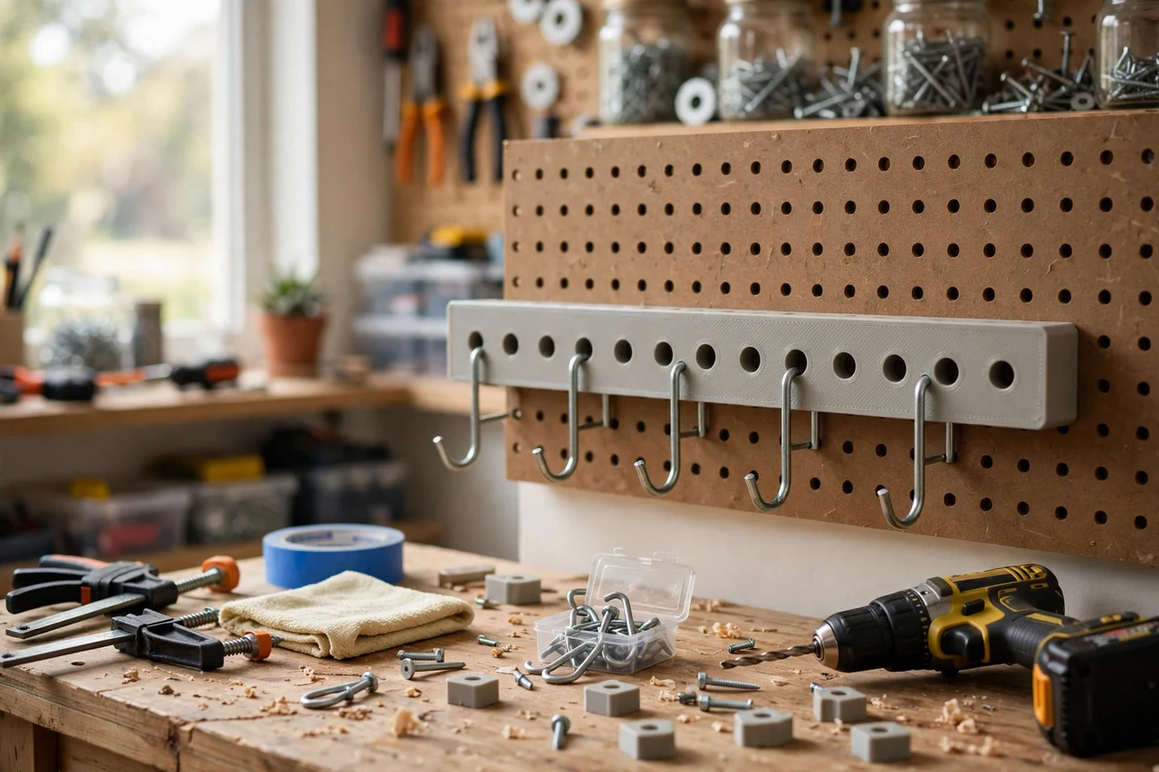 View of the finished 3D printed pegboard hook spacing template in use on a home improvement project on a workbench, tidy workshop background in soft focus, bright natural light