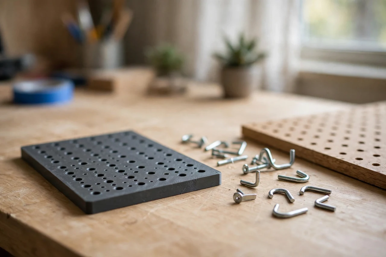 Home workshop scene on a light oak workbench, a matte charcoal-gray 3D printed pegboard hook spacing template beside pegboard hooks and a panel, soft natural window light, shallow depth of field