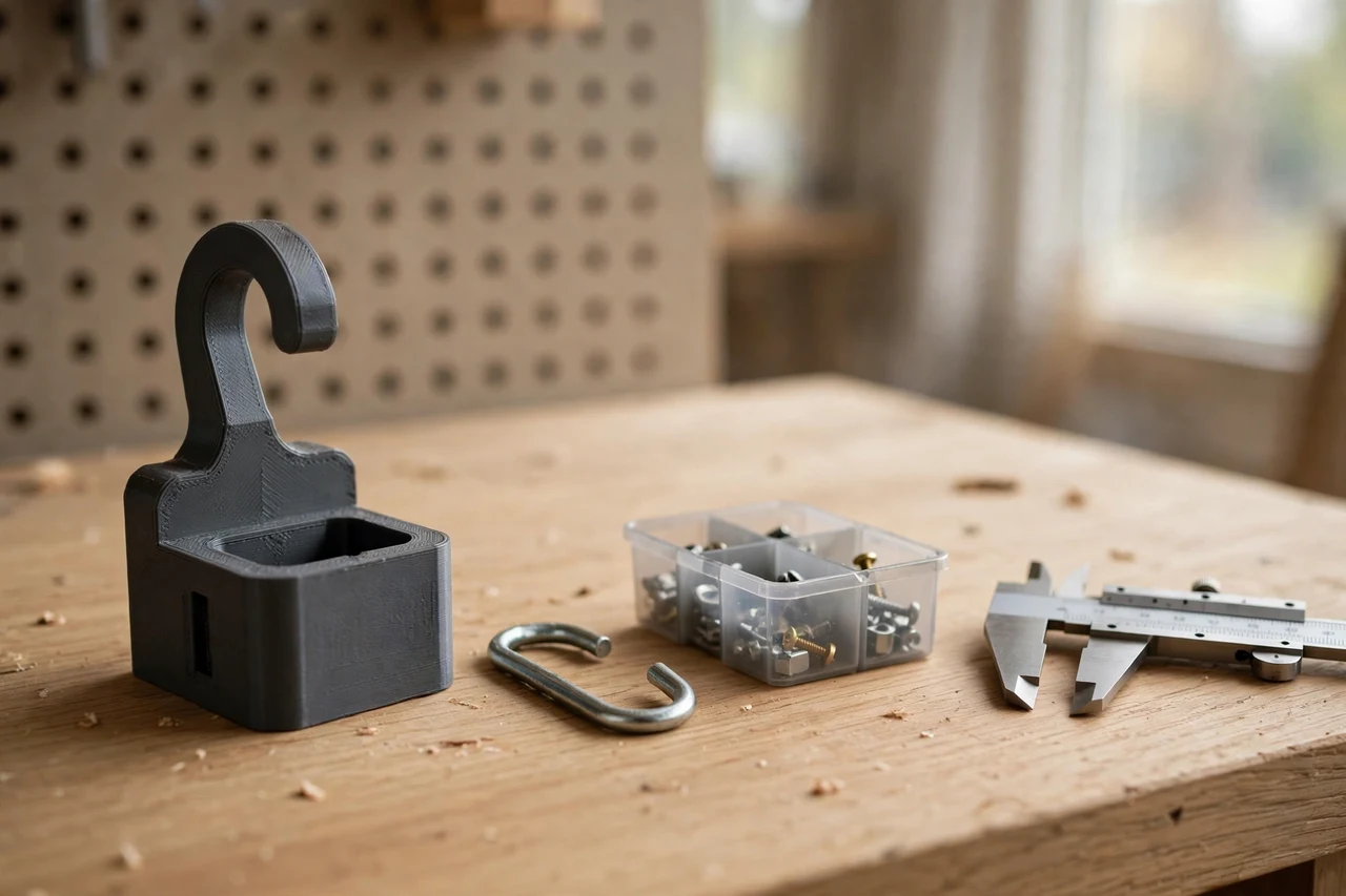 Home workshop scene on a light oak workbench, a matte charcoal-gray 3D printed pegboard hook to bin adapter beside a pegboard hook and a small parts bin and a pair of calipers, soft natural window light, shallow depth of field