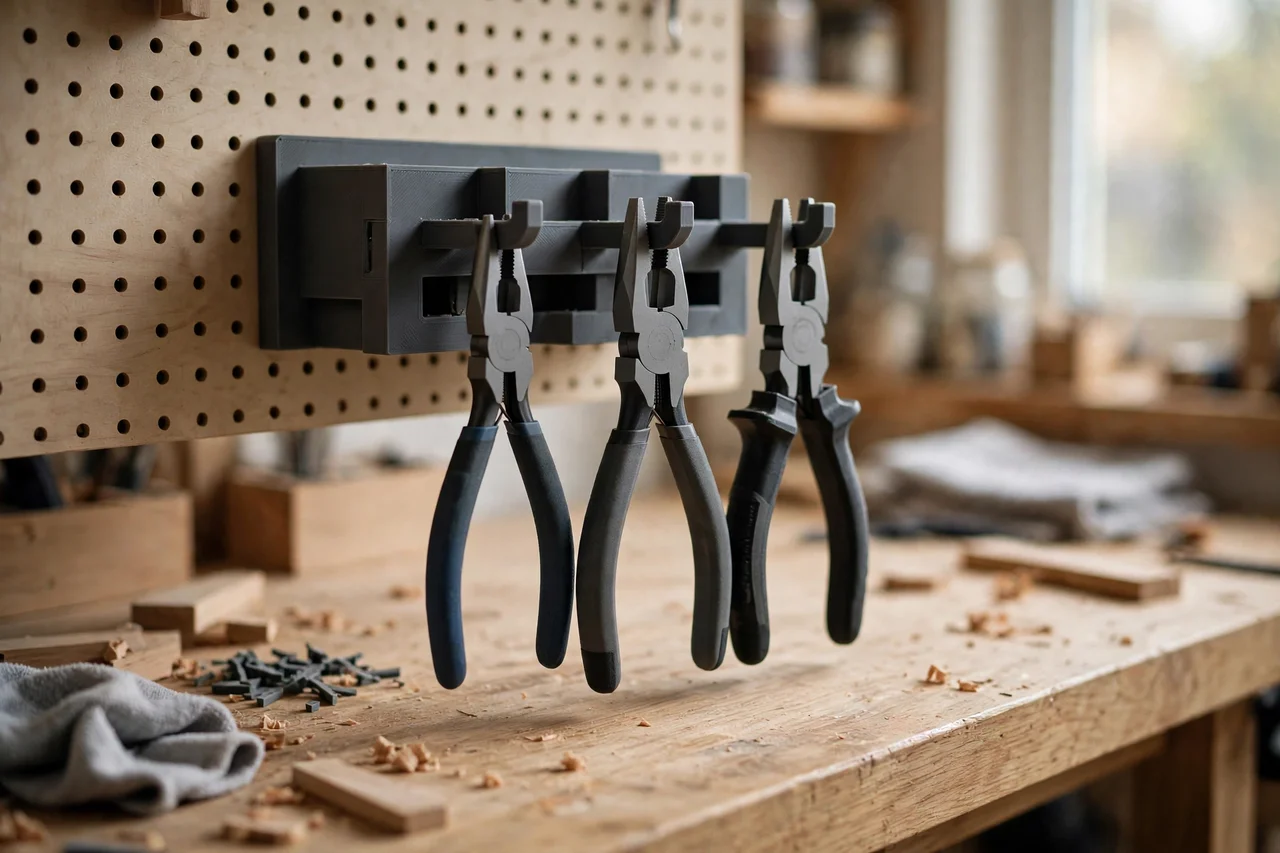 Home workshop scene on a light oak workbench, a matte charcoal-gray 3D printed pegboard pliers hook set holding pliers on pegboard hooks, soft natural window light, shallow depth of field