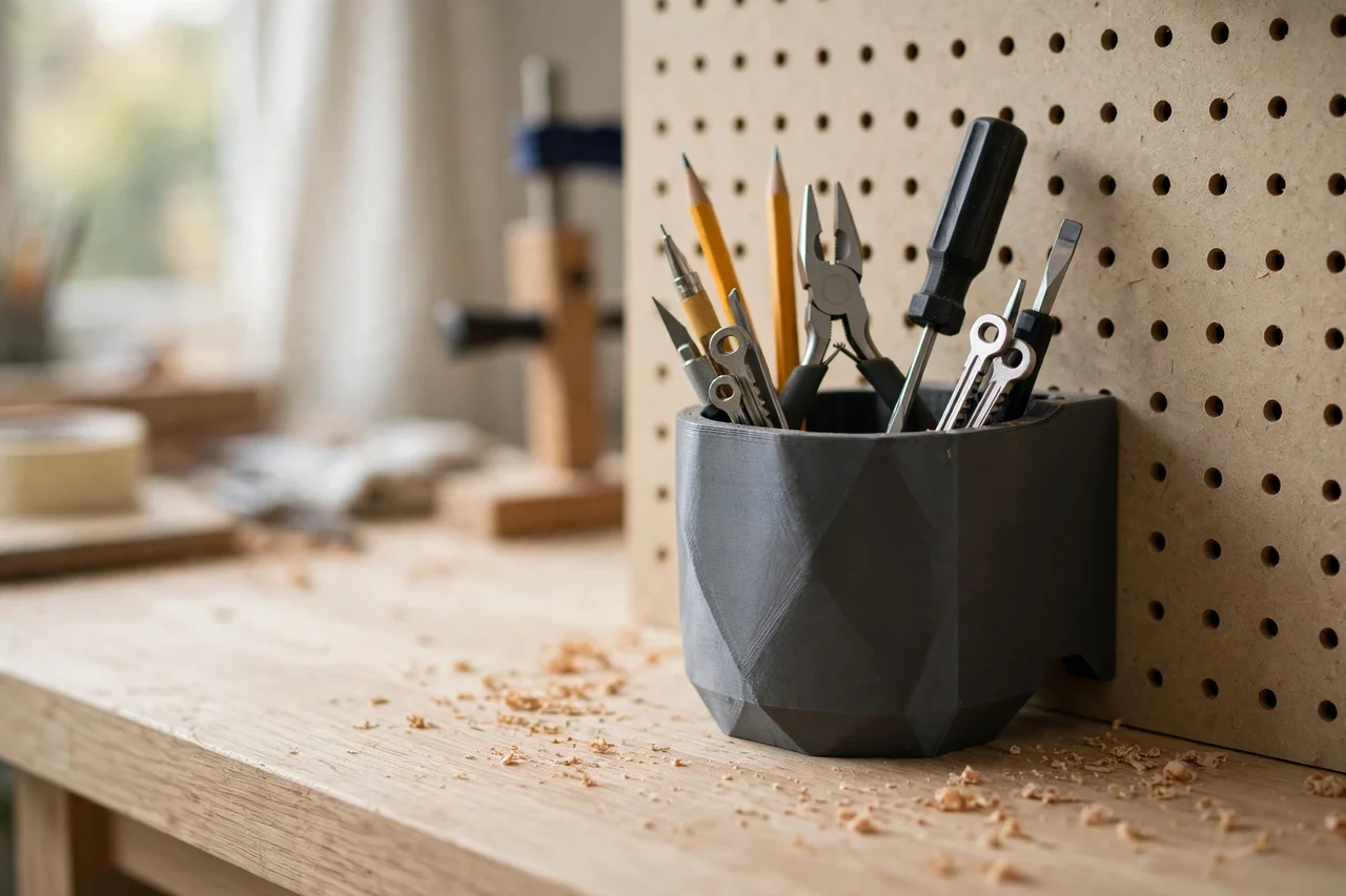 Home workshop scene on a light oak workbench, a matte charcoal-gray 3D printed pegboard tool cup holder holding small hand tools and pencils, soft natural window light, shallow depth of field