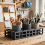 A bright home workshop scene on a light oak workbench, a matte charcoal-gray 3D printed rack holding three cups filled with pencils