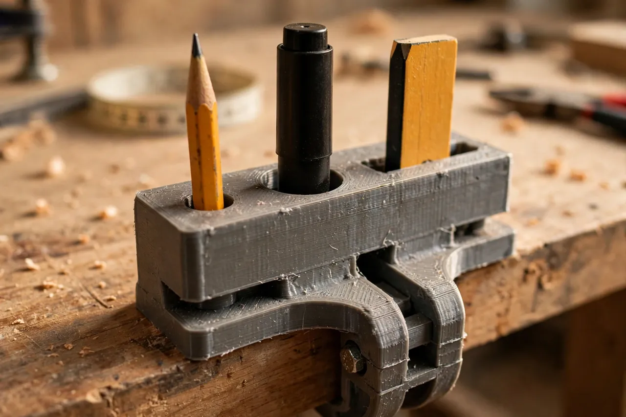 Close-up of a 3D printed bench holder showing its different-sized holes for pencils, thick markers, and a carpenter's pencil