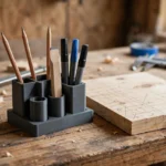 A home workshop scene on a wooden workbench, a matte charcoal-gray 3D printed pencil and marker holder with pencils