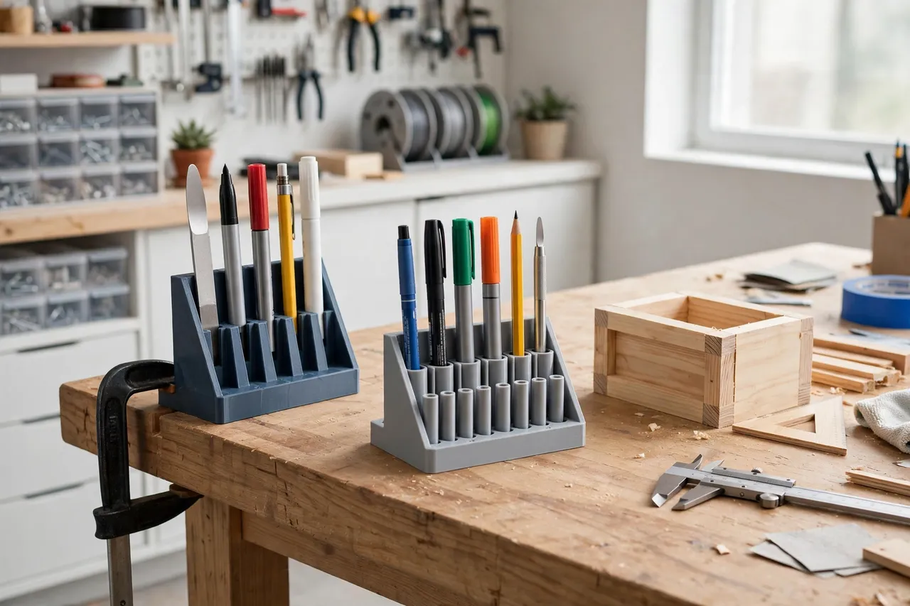 A workbench with two printed holders — one clamped to the bench edge and one freestanding — marking tools sorted and in reach beside a project